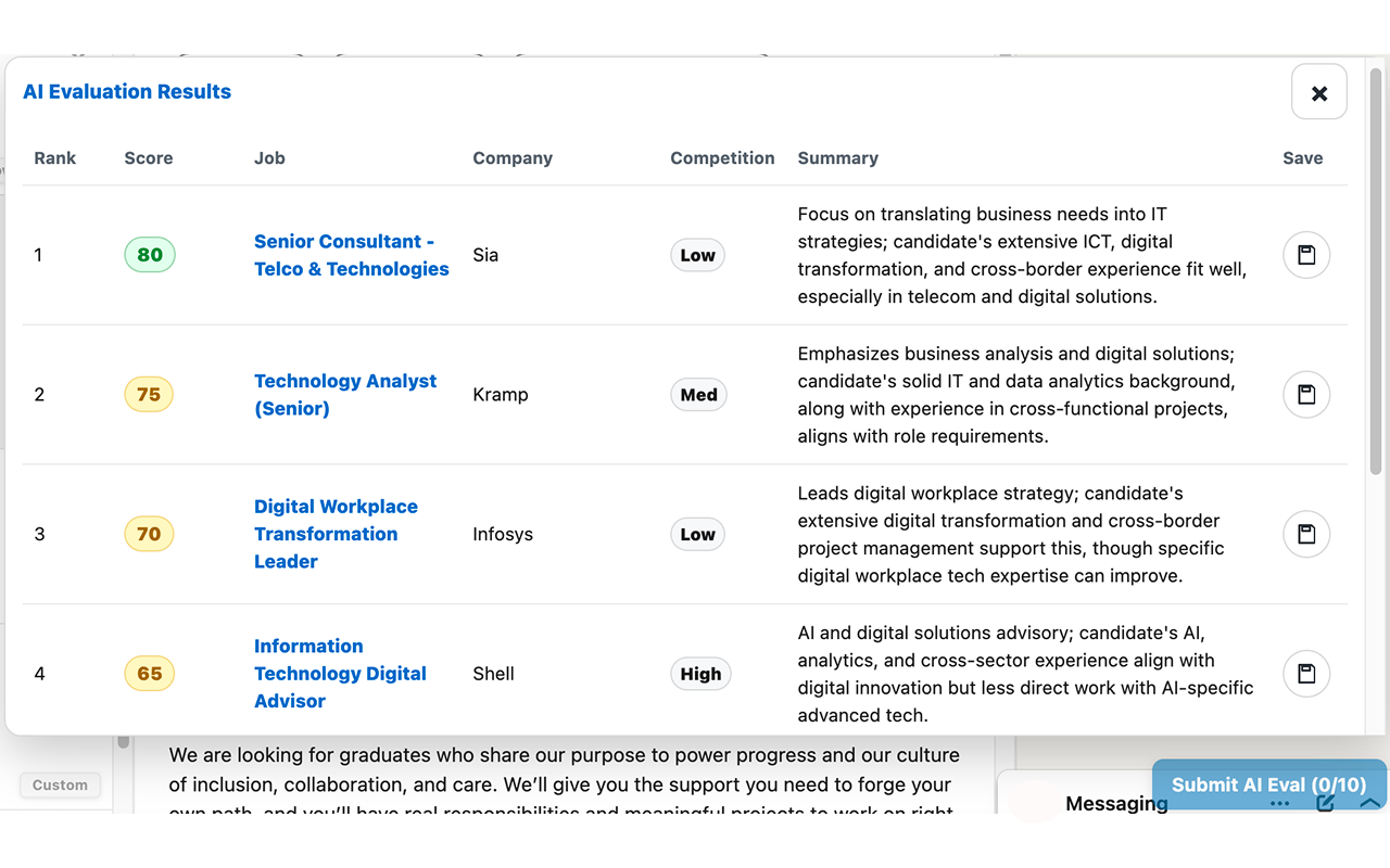AI summary panel showing resume-to-job evaluation